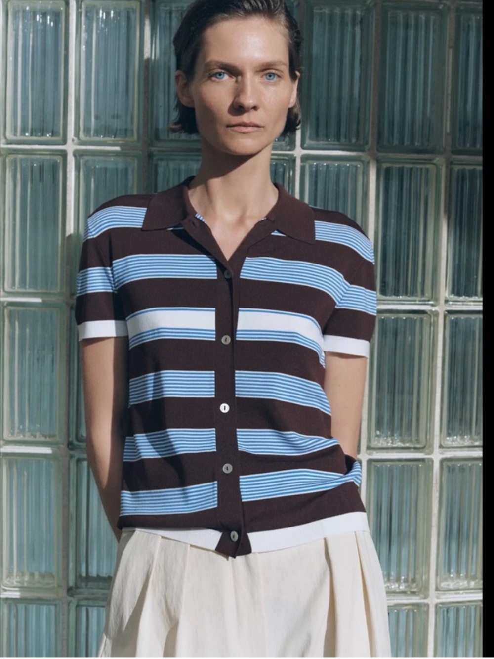 Zara Short Sleeve Stripped polo Button up Top S